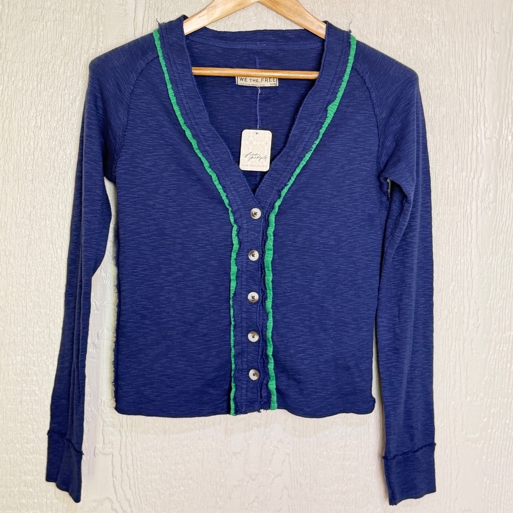 We The Free Free People Navy Blue Green Ruffle Trim Cotton Cardigan Top M NEW